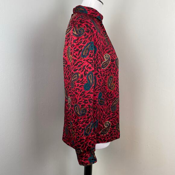 Vintage Anne Crimmins Silk Red Paisley High Neck Long Sleeve Blouse Size 8 - Picture 2 of 5